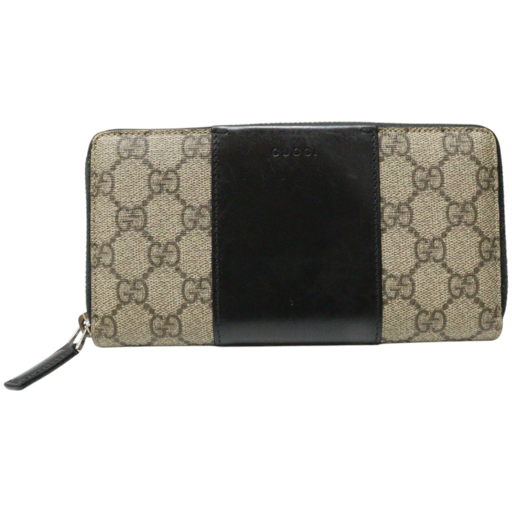 GUCCI GG Supreme Round Zip Wallet Leather Black Beige Long Zipper